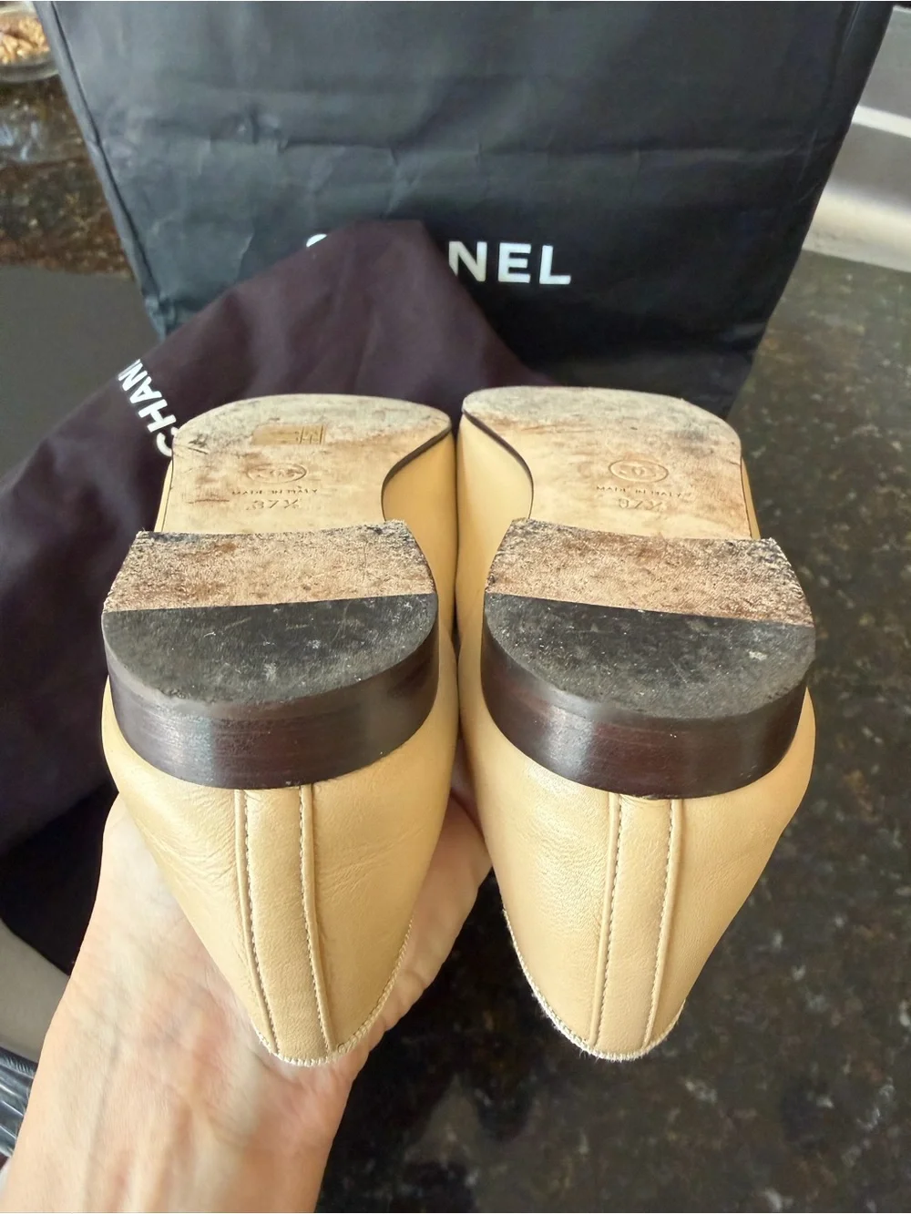 CHANEL Two-Tone Tan and Black Leather Cap-Toe Ballet Flats